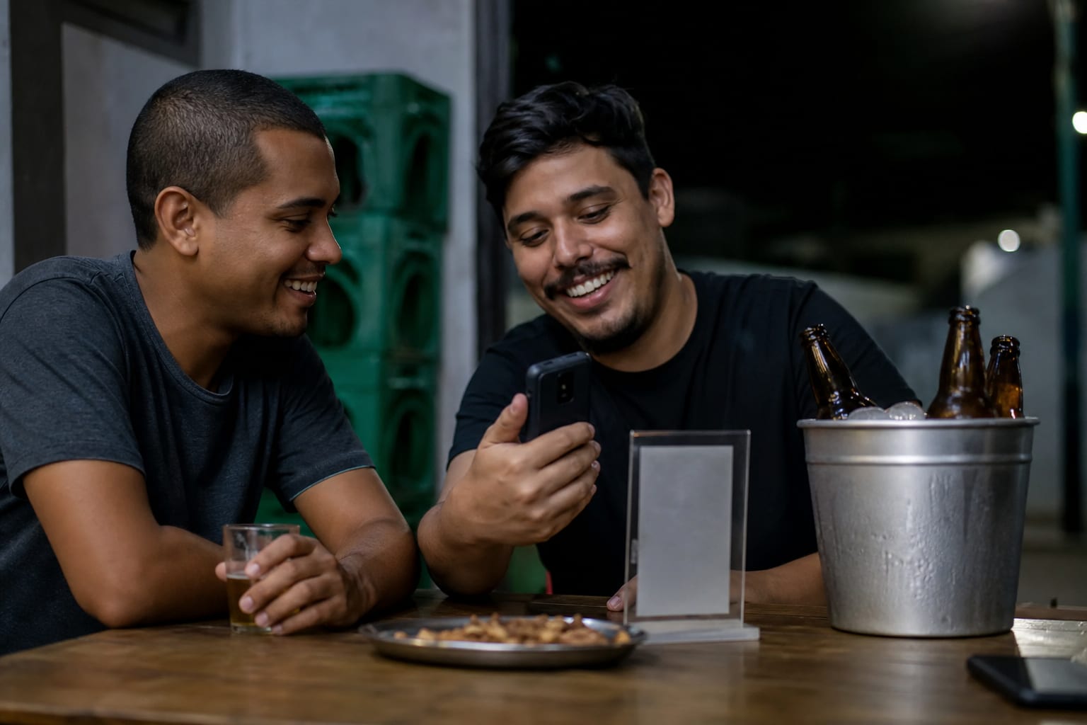 Amigos pagando a conta pelo celular na mesa de um boteco à noite