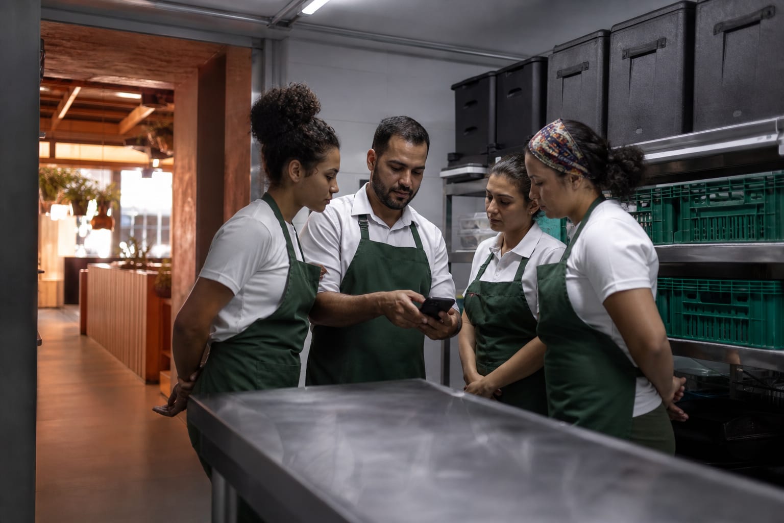 Equipe de restaurante reunida antes da abertura, com o gerente mostrando algo no celular