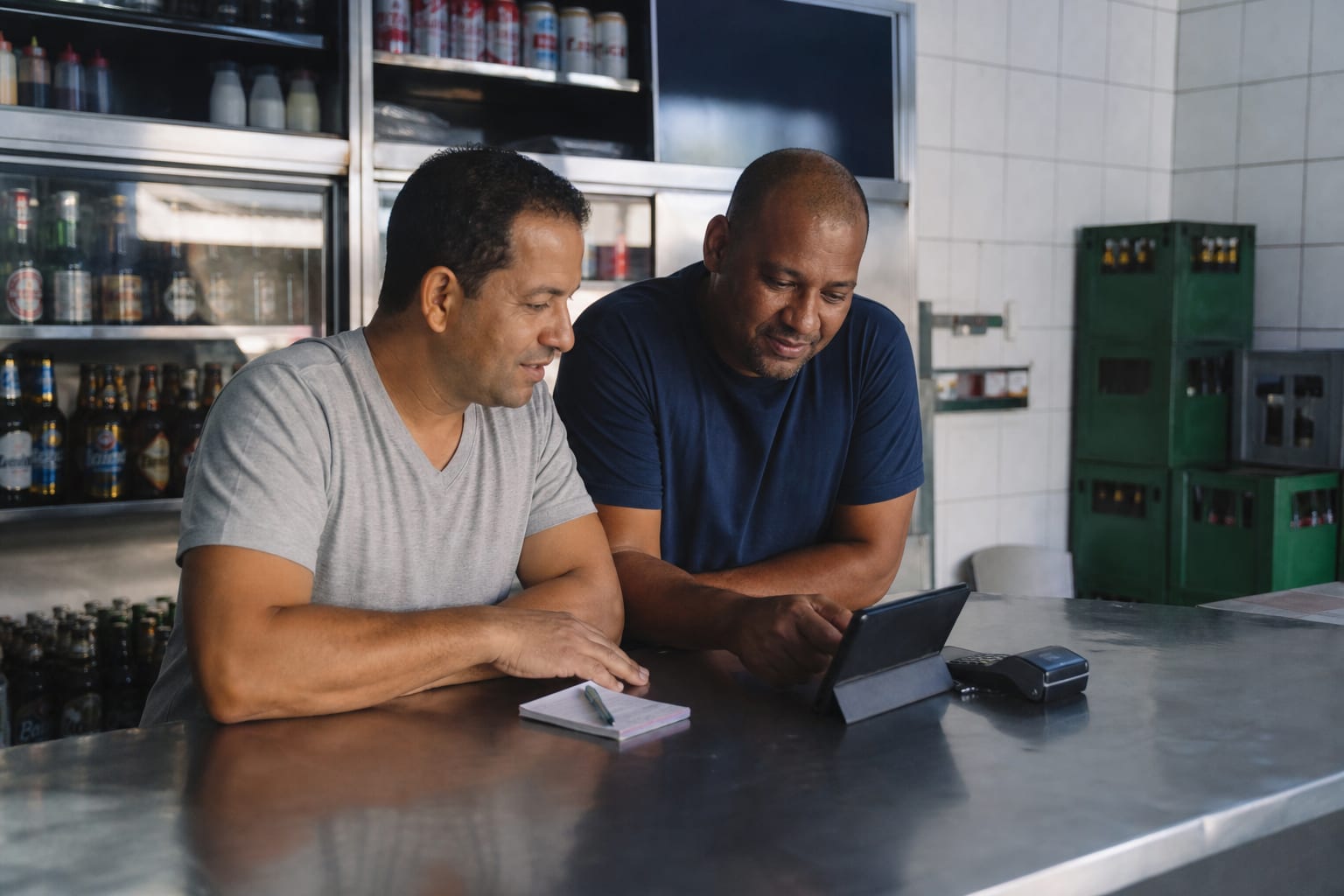 Sócios de bar comparando opções de sistema no balcão, com tablet e bloco de comanda